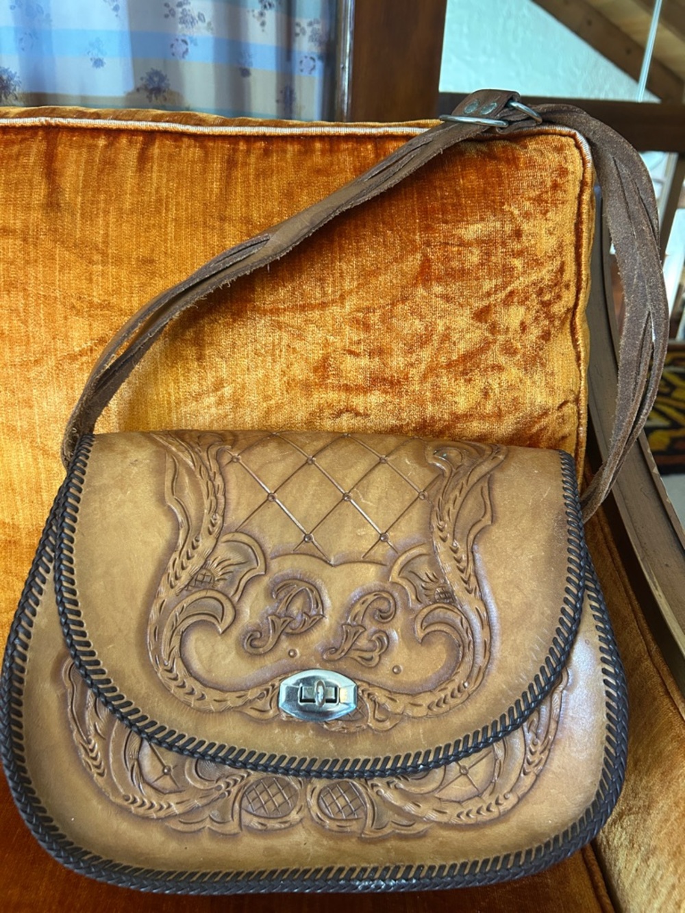 Vintage Handcrafted Tooled Leather Tan Bag with P.L. Initials on front flap